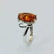 Size 9 1/2 - Size 9.5 Cognac / Brown BALTIC AMBER Ring 925 STERLING SILVER #1596