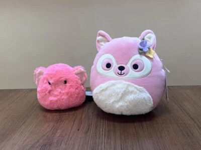 Squishmallow 8” Ditty Pink Lemur Plush Flowers 5” Kyla Elephant Fuzzamallow Set