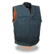 Men's Blue Denim Club Motorcycle Vest w/ Snap Zipper Front, Inside Gun Pockets