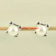 Solid 14k White Gold Square Four Hearts White Cultured Pearl Stud Earrings