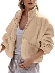 [QIBABU] Womens Fuzzy Fleece Jacket Long Sleeve Winter Short Coats Warm Button Down Sherpa Fleece Jackets Shacket