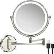 Rechargeable Wall Mounted Makeup Mirror with Lights, 8 Inch Double-Sided 10X Magnifying Vanity Mirror, 3 Color Lights & Stepless Dimming 360°Rotation Extendable Lighted Magnification Bathroom Mirror