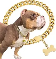 SUNEW Walking Metal Chain Collar with Dog Tag Design Secure Buckle Cuban Link Chain Collar Heavy Duty Chew Proof for Dogs