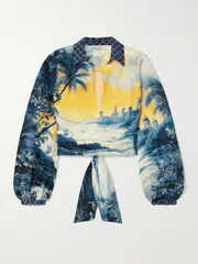 [Camilla] Camilla - Cropped Embellished Printed Linen And Silk-blend Wrap Shirt - Blue - small small Blue