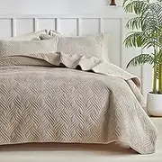 WARMDERN Ultrasonic Khaki Velvet Quilt Set Queen Size, Geometric Textured Weave Pattern Modern Quilt Bedding Set, 3 Piece Soft Microfiber Taupe Bedspreads Coverlet for All Season, Khaki, 90x96 inches