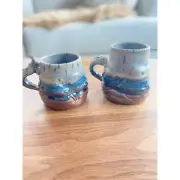 New Handmade Studio his/her Pottery mugs, signed, earth tones, blue, glazed