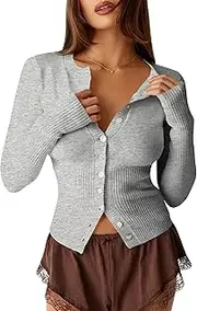 [BAIGRAM] Women Open Front Button Cropped Cardigan Fall Lightweight Soft Knit Sweaters Long Sleeve Fitted Casual Tops