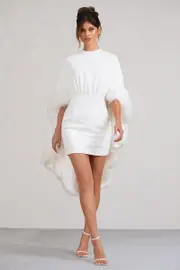 Of The Manor | White Gathered Mini Dress With Feather Cape