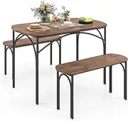 Giantex 3Pcs Dining Table Set for 4, 120cm Wooden Rectangular Table & 2 Benches w/Metal Frame, Kitchen Dining Room Furniture, Space-Saving Dinette Set for Small Places, Office Home Breakfast Nook