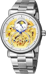[carlien] Mens Automatic Watches Gold Tourbillon Skeleton Watch Moon Phase Waterproof Stainless Steel Watch