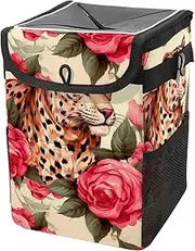 Car Trash Can with Lid and Storage Pockets Leak-Proof Organizer,Multipurpose Trash Bin for Car,Animal Leopard Rose Flower Illustration