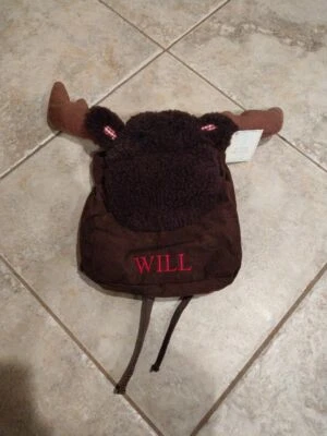 Pottery Barn Kids Small BACKPACK boys Plush Brown MOOSE corduroy & red gingham