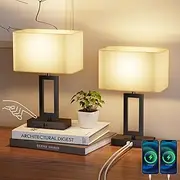 Lulumos Bedside Lamp Set of 2, Table Lamp with USB C & A Charging Ports, 3 Way Dimmable Touch Lamp with Square Fabric Shade and Led Bulbs, Nightstand Light for Home Office Bedroom（2 Pack）