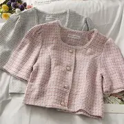 Button-Up Tweed Crop Top Pink - M