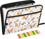 Paper File Folder 13 Pockets A4 Letter Size with Zipper Closure for Document Storage Corgis Dog Floral Pattern expando