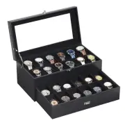 Leather & Velvet 24 Watch Box Glass Top Jewelry Display Drawer Lockable Case ...