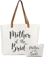 [Lamyba] Bride Tote Bag with Makeup Bag, Gifts for Engagement/Bridal Shower/Bachelorette/Wedding Party Canvas White