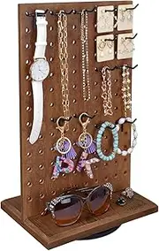 MOOCA Wooden Rotating Two-Sided Pegboard Jewelry Display Stand with 30 Removable Hooks for Bracelets, Earrings and Keychains, Versatile Countertop Rack for Store, Tradeshow, and Home, Brown Color