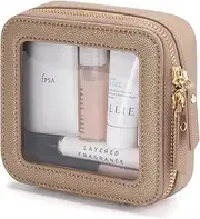 [Popvibe] Clear Makeup Bag Travel Cosmetic Case Transparent Toiletry Bag with Zipper, Portable Make Up Organizer Traveling Compact Car Bag for Essentials, Gold, Mini Chic