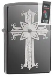 Zippo 29515 Cross Design Black Ice Chrome Finish Full Size Lighter + FLINT PACK