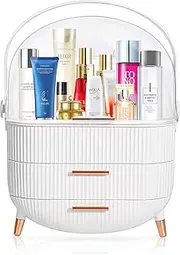 MASSY Egg Shape(Oval) Makeup Storage Box, Countertop Portable Vanity Cosmetics Organizer Preppy Style (White)