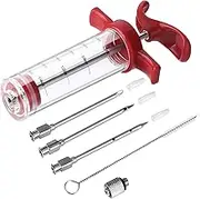 Meat Injector Syringe - 3 Marinade Injector Needles for BBQ Grill, Premium Portable Turkey Injector kit for Smoker,Marinades Injector for Meats With 1oz Large Capacity 1 Brush Easy to Use & Clean Red