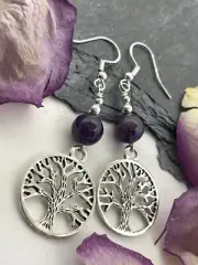 Tree of Life Earrings Amethyst Quartz Gemstone Purple Drop Dangle Silver Hooks