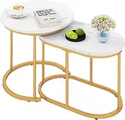 Giantex Modern Nesting Coffee Table Set of 2, Accent Marble Look Coffee Table Set, Sofa Side Nest of Tables, Stacking Round End Table for Living Room Bedroom, Easy Assembly, Marble & Golden
