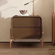 Modern Bedside Table with Wooden Legs, Bedside Table Made of Solid Wood and Leather, Simple Side Table, Bedside Table with 2 Drawers, Bedroom Wardrobe(35X40X50cm)