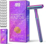 Jungle Culture® Safety Razor for Men and Women Including 10 Blades • Wet Razor for Women in Rainbow • Single Blade Metal Razor for Body & Face with eBook Shaving Guide • Safety Razor