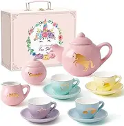 G.C Porcelain Tea Set for Girls Kids - 13pcs Pastel Tea Party Set with Gold Unicorn, Ceramic Teapot & Cup & Saucer & Suitcase, Pretend Play Christmas Birthday Gift Unicorn Toys for Girls 8+ Years