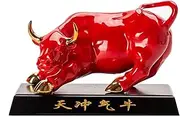 Red Feng Shui Wealth Cow Statue Figurine Home Decor Chinese Ceramics The Trace Gold Statue Animal Sculpture Big Wall Street Zodiac Cow Bull OX Statue,Large/4173 (Color : Red, Size : S)