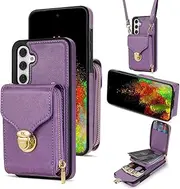 [Dswteny] Compatible with Samsung Galaxy S24 5G Wallet Case Crossbody Strap Leather Zipper Credit Card Holder Clasp Stand Cell Accessories Flip Purse Phone Cover for S 24 24S GS24 G5 Women Purple