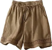 Womens Casual Linen Shorts Summer Elastic High Waisted Yoga Shorts Baggy Comfy Lace Beach Pants with Pockets 2025