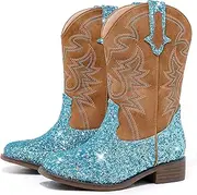 [LAURMOSA] Girls Cowgirl Boots Mid Calf Square Toe Western Boot for Kids Glitter Cowboy Boot in Party for Toddler Little Big Girls Riding Shoes