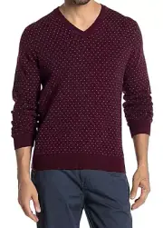 MENS BROOKS BROTHERS MICRO DOT WOOL BLEND V-NECK PULLOVER SWEATER, BURGUNDY
