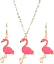 [COLORFUL BLING] Cute Pink Flamingo Dangle Drop Earrings Hawaiian Tropical Animal Bird Earrings Necklace Jewelry Set Bohemian Summer Beach Jewelry Gifts, Metal enamel, Agate