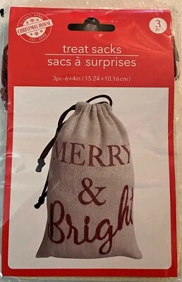Christmas Fabric Draw String Treat Sacks 3 per pack - "Merry & Bright"