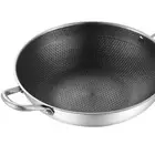 AU (No Lid And With Ears)Stainless Steel Wok Pan Double Sided Honeycomb 3 Layer