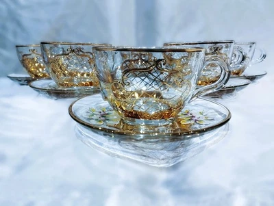 Bohemian Glass Tea and Coffee Cup Set: Gold Enamel Decor, 6+6 pcs
