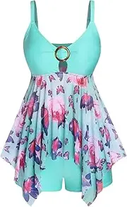 [ROSE GAL] Rosegal Women Plus Size Two Piece Flowy Tankini Swimsuits Butterfly Floral Print Modest Bathing Suit with Boyshorts