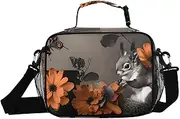 Insulated Lunch Box Squirrel Flower Butterfly for Women Men - Ideal for Work, Picnics - Includes Adjustable Shoulder Strap