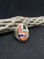 Native American Zuni Sterling Silver Multi-color Mens Ring Size 10.5