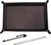 TRATYO-ALST-WD002-W Chevrolet Choco Color Cowhide Leather Pen Tray Metal Touch Stick Silver and Epoxy Rotating Ballpoint Pen Set, White