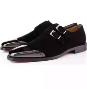 Handmade Suede Double Monk Strap Shoes Men's Dress Suede Leather Mens Shoes