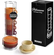 MIAMIO - 6 x 75 ml Stoneware Espresso Mug, Cup Set Modern with Stand and Saucers - Palmanova Collection (Magma Red)