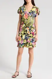 Tommy Bahama Darcy Verde Blooms Flutter Sleeve Minidress in Black at Nordstrom, Size Small