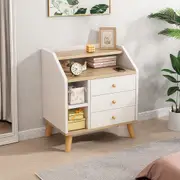 2x Bedside Table Bedroom Nordic Warm White Natural Wood Grain 3 Drawers Curved Sides White