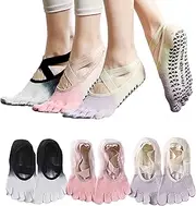 [Sunolkie] Yoga Socks for Women Non-Slip Grips & Straps,Ideal for Pilates,Five Toes Socks Soft Breathable Yoga Gradient Color Liner Socks Sweat-absorbent Deodorant Anti-friction (3color, 3Pairs), Black