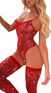[HOTSO] Fishnet Bodysuit Sexy Sparkle Rhinestone Mesh Lingerie Lace Bodystocking Babydoll Jumpsuit Hollow Crop Top with Tights Outfit